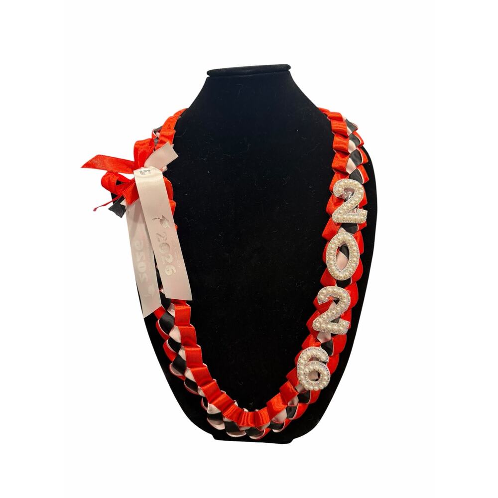 Class of 2026 Graduation Lei with Bling Beaded 2026 Red Black White Ribbon Lei - Picture 4 of 5
